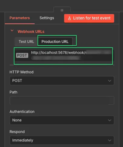 n8n Webhook node production URL configuration