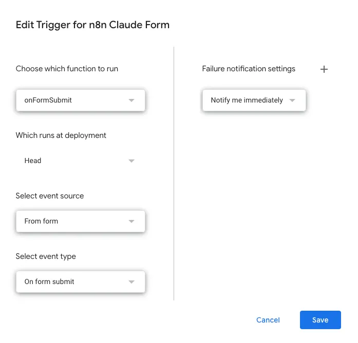 Google Apps Script form trigger configuration
