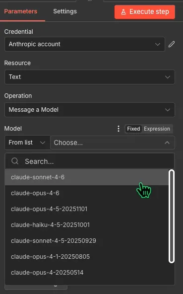 Anthropic node model selection in n8n
