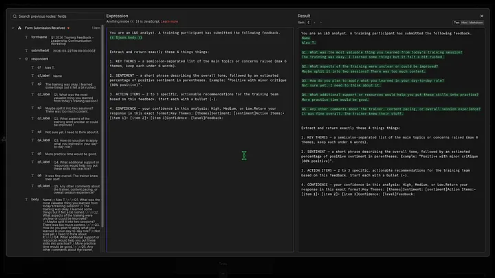 Anthropic node configured in n8n with the structured prompt
