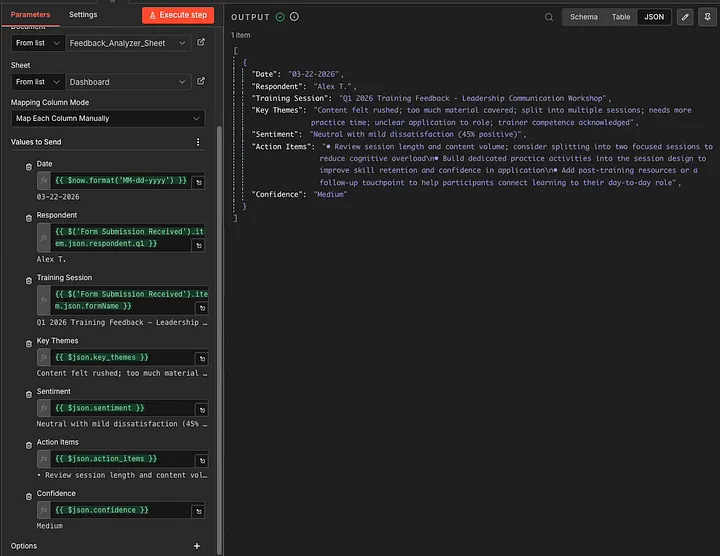 Google Sheets node field mappings for the feedback analyzer workflow